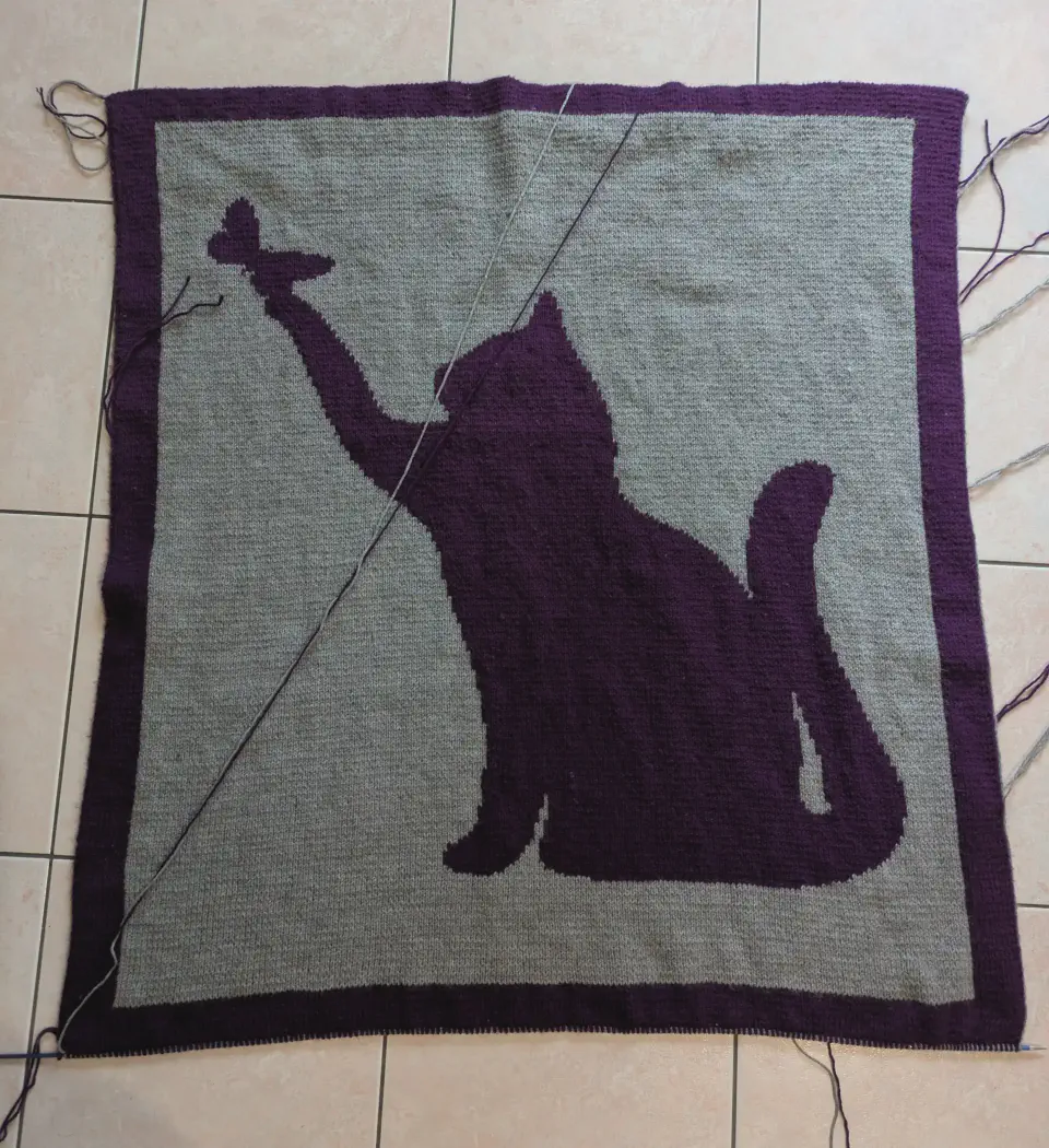 Couverture avec motif chat en tricot, sur aiguilles à tricoter