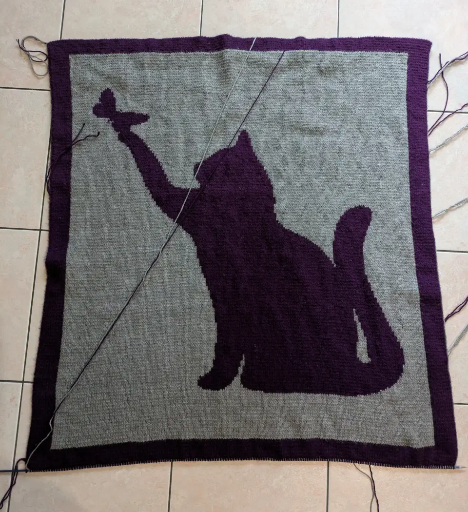 Couverture avec motif chat en tricot, sur aiguilles à tricoter